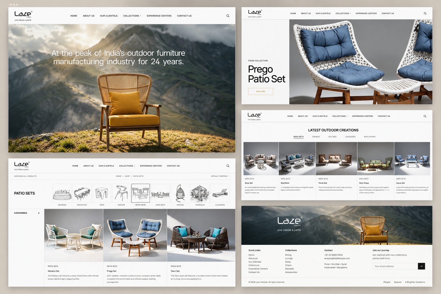 Laze Lifestyle website screens: home, collections, product and contact pages