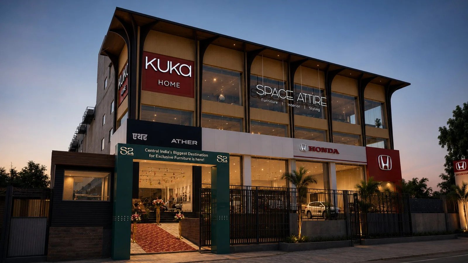 Space Attire and KUKA Home showroom facade at night