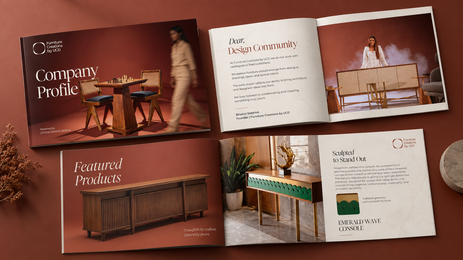 Furniture Creations by UCD company profile and catalogue spreads